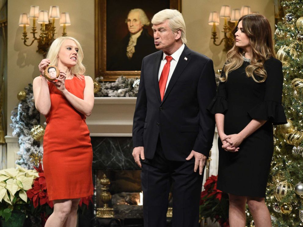 PHOTO: SATURDAY NIGHT LIVE -- Episode 1734 -- Pictured: (l-r) Kate McKinnon as Counselor to the President Kellyanne Conway, Alec Baldwin as President Donald J. Trump, Cecily Strong as First Lady Melania Trump on Saturday, December 16, 2017