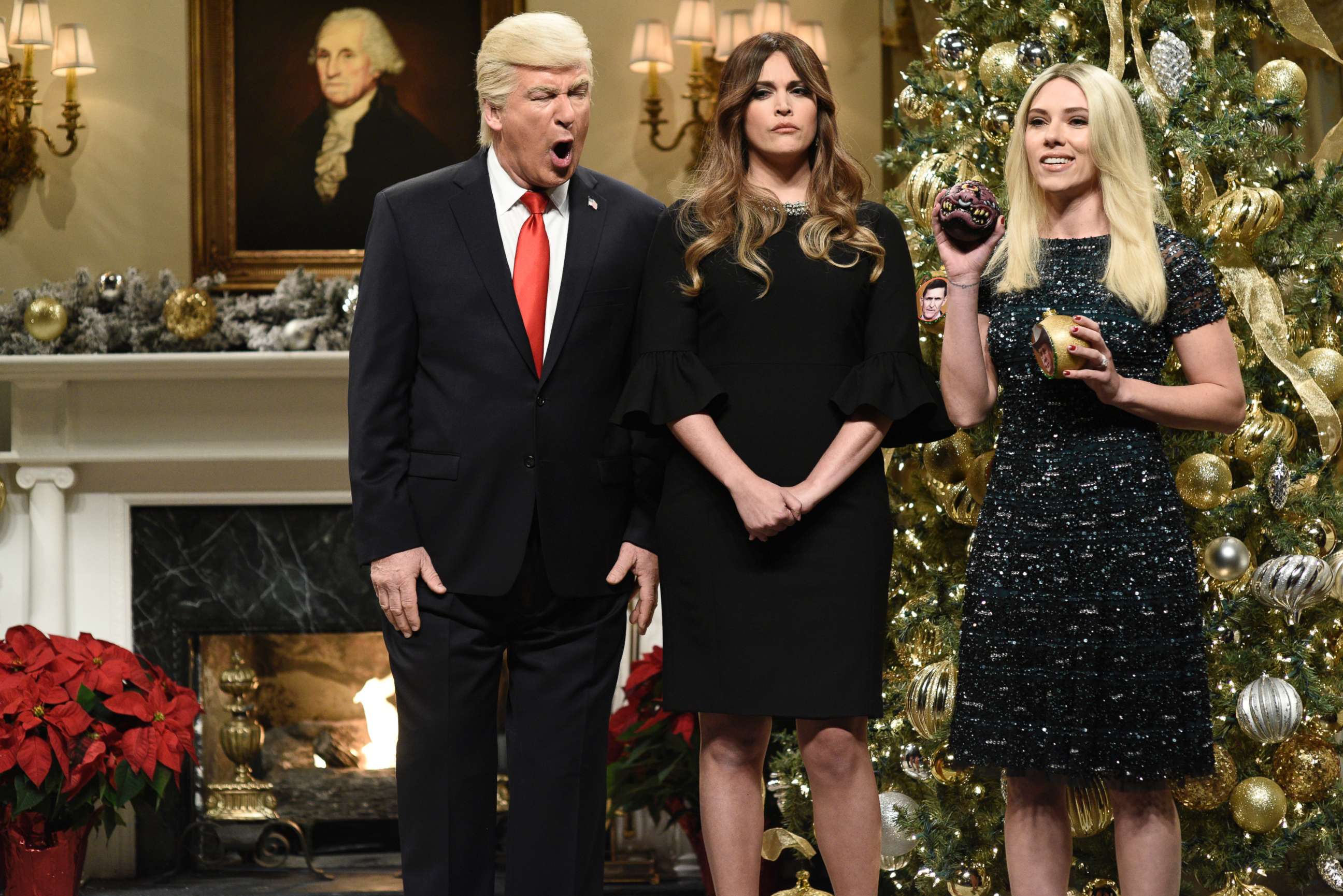 PHOTO: SATURDAY NIGHT LIVE -- Episode 1734 -- Pictured: (l-r) Alec Baldwin as President Donald J. Trump, Cecily Strong as First Lady Melania Trump, Scarlett Johansson as Ivanka Trump on Dec. 16, 2017.