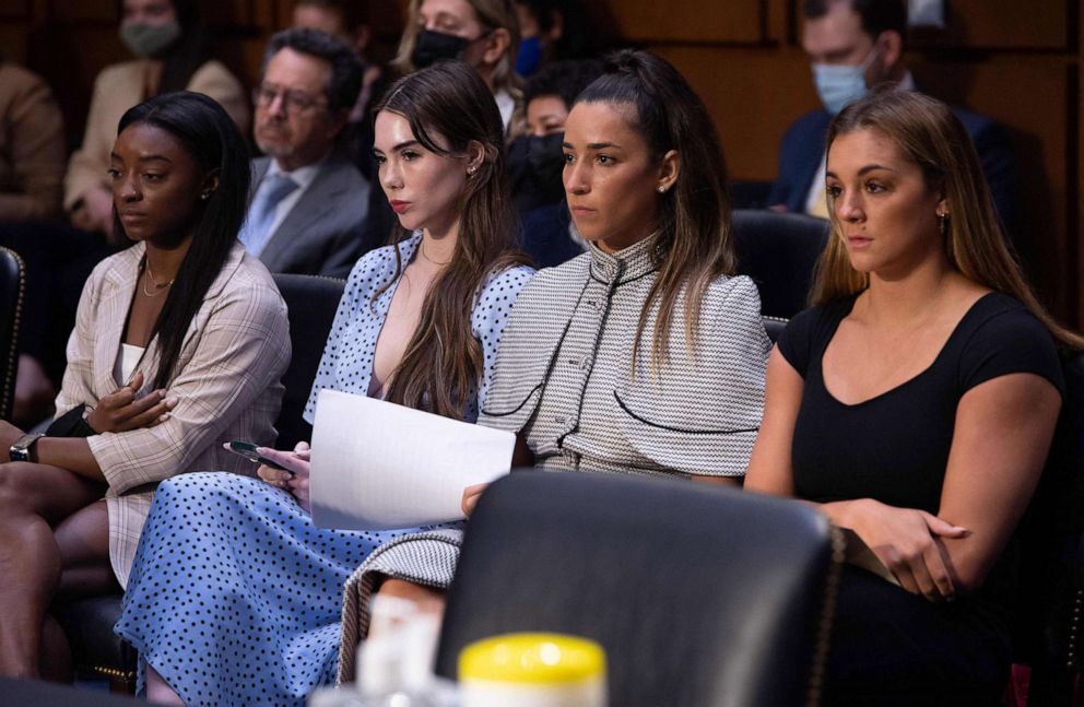 PHOTO: Olympic gymnasts Simone Biles, McKayla Maroney, Aly Raisman and Maggie Nichols, arrive to testify during a Senate Judiciary hearing about the Inspector General's report on the FBI handling of the Larry Nassar investigation.
