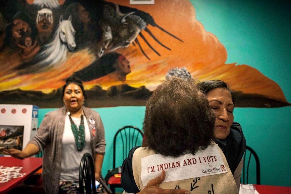 PHOTO: New Mexico congressional candidate Deb Haaland embraces a supporter during her visit to the Albuquerque Indian Center for the Native Vote Celebration in Albuquerque, N.M. on election night, Nov. 6, 2018.