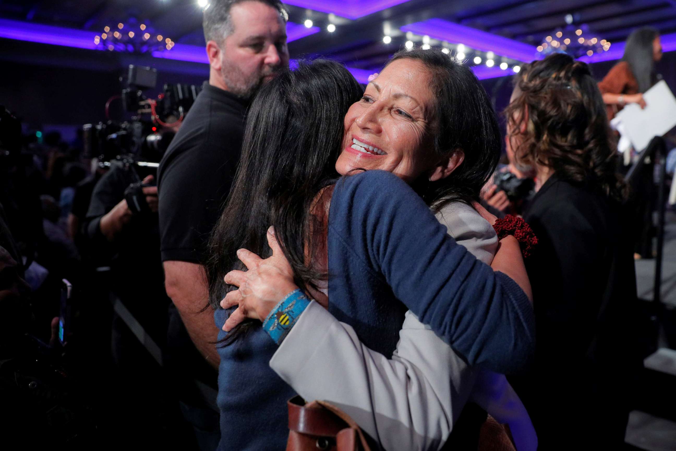 PHOTO: Democratic Congressional candidate Deb Haaland hugs a supporter after winning her midterm election in Albuquerque, New Mexico, Nov. 6, 2018.
