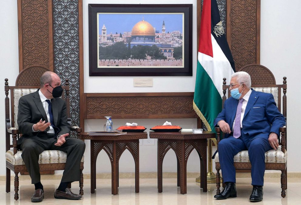 PHOTO: President Mahmud Abbas meets with the US envoy for Israel-Palestinian affairs Hady Amr in Ramallah in the occupied West Bank, on May 17, 2021 in a handout picture provided by the Palestinian Authority's press office.