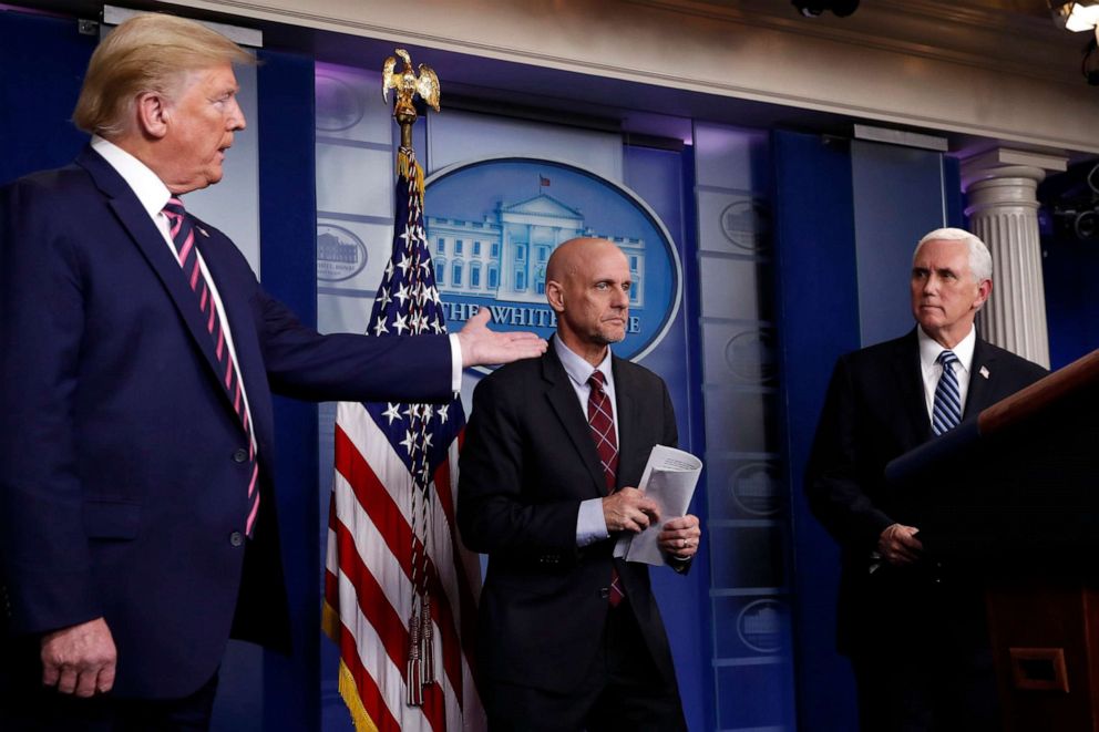 PHOTO: President Donald Trump gestures to Vice President, April 24, 2020.