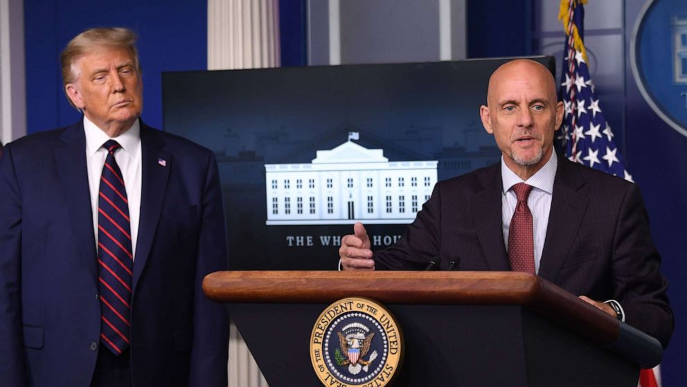 PHOTO: FDA Commissioner Stephen Hahn speaks as President Donald Trump looks on during a press conference at the White House, in Washington, Aug. 23, 2020.