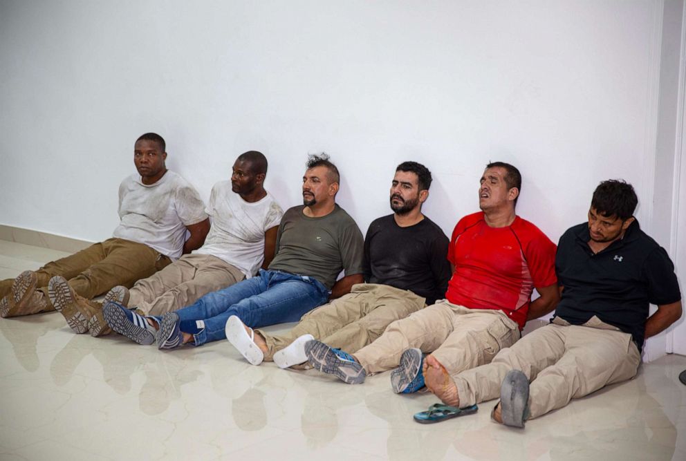 PHOTO: Alleged suspects in the assassination of Haiti's President Jovenel Moise are shown to the media at the General Direction of the police in Port-au-Prince, Haiti, July 8, 2021.