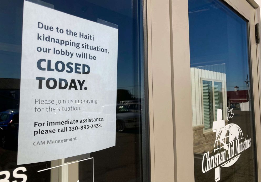 PHOTO: A closed sign is posted at The Christian Aid Ministries headquarters in Berlin, Ohio on Oct. 18, 2021, following the kidnapping of their staff in Haiti.