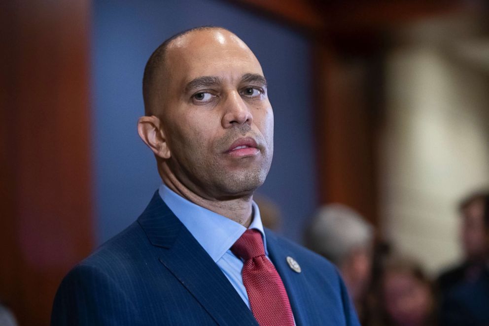 PHOTO: Rep. Hakeem Jeffries, D-N.Y., listens as he speaks with the media after being elected chairman of the House Democratic Caucus for the 116th Congress in January, at the Capitol, Nov. 28, 2018.