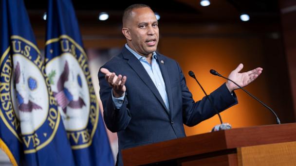 House Minority Leader Hakeem Jeffries speaks about President Donald Trump's policies and the GOP's tax and spending cut bill that passed this month, during a news conference at the Capitol, July 14, 2025. 
