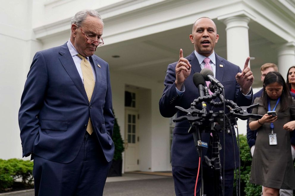 PHOTO: Senate Majority Leader Chuck Schumer and House Minority Leader Hakeem Jeffries talk to reporters after meeting with President Joe Biden, House Speaker Kevin McCarthy and Senate Minority Leader Mitch McConnell, May 16, 2023, in Washington.
