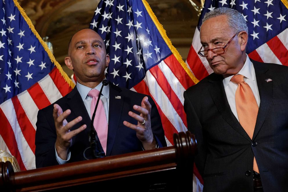 PHOTO: House Minority Leader Hakeem Jeffries (D-NY), left, and Senate Majority Leader Chuck Schumer (D-NY), join fellow Congressional Democrats to reintroduce the Freedom to Vote Act at the U.S. Capitol, July 18, 2023, in Washington.