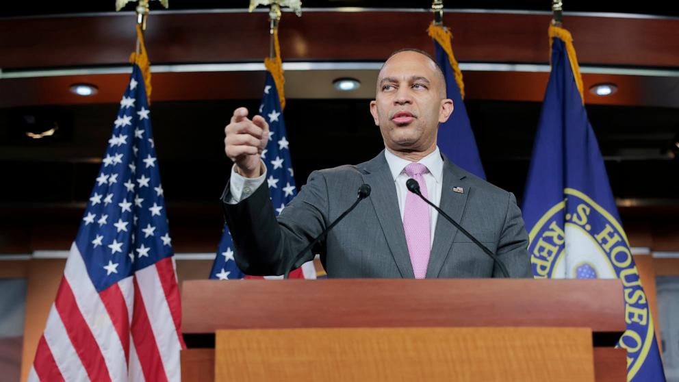 PHOTO: House Minority Leader Hakeem Jeffries speaks at a press conference at the Capitol in Washington, DC, Feb. 27, 2025.