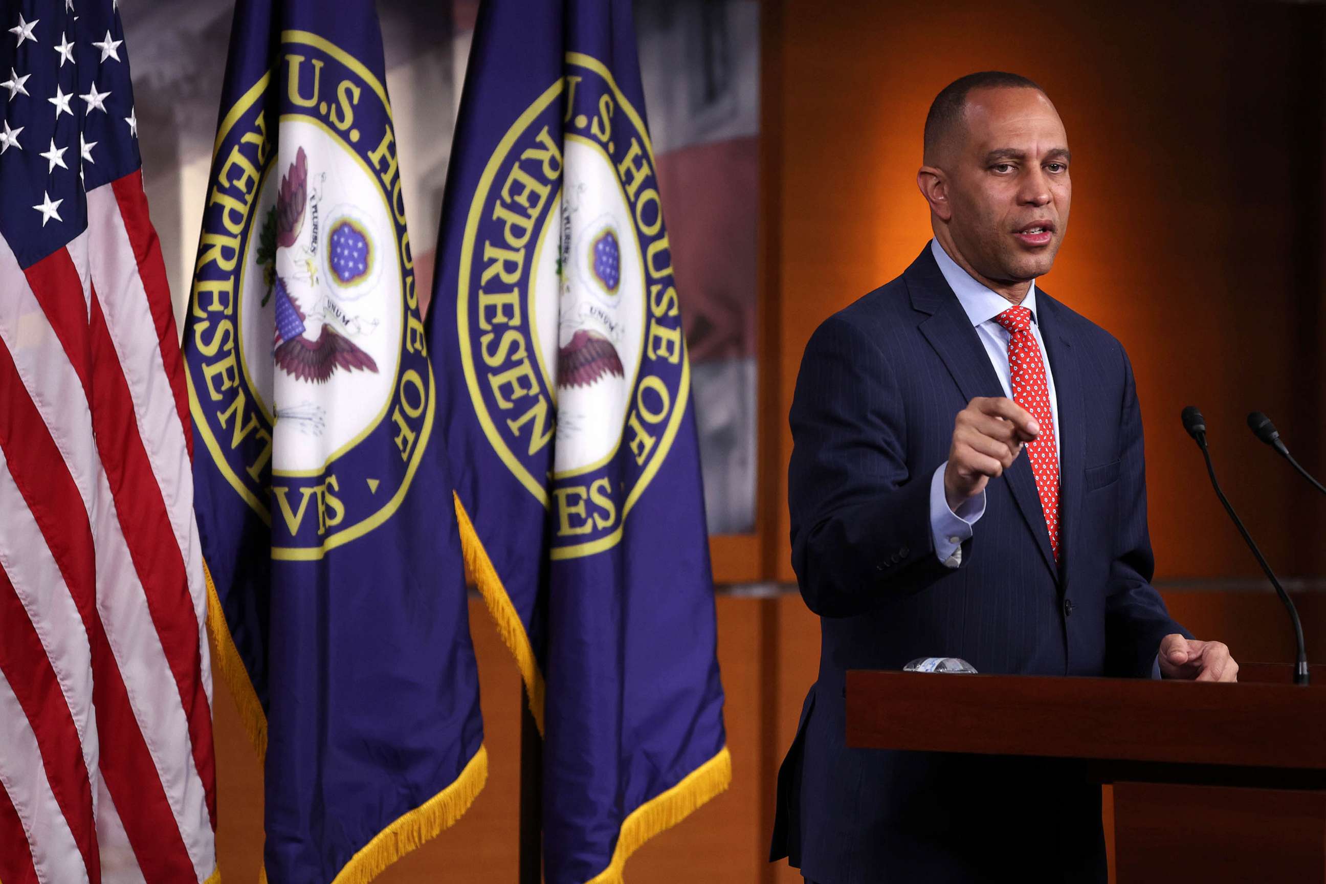 PHOTO: FILE - House Minority Leader Rep. Hakeem Jeffries speaks during a weekly news conference at the U.S. Capitol, April 28, 2023 in Washington, DC.