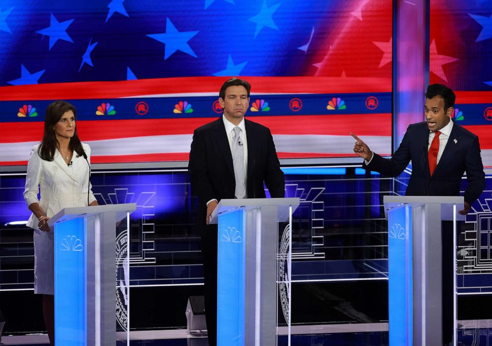 PHOTO: Republican presidential candidates (L-R) former U.N. Ambassador Nikki Haley, Florida Gov. Ron DeSantis and Vivek Ramaswamy participate in the NBC News Republican Presidential Primary Debate on Nov. 8, 2023, in Miami, Fla.