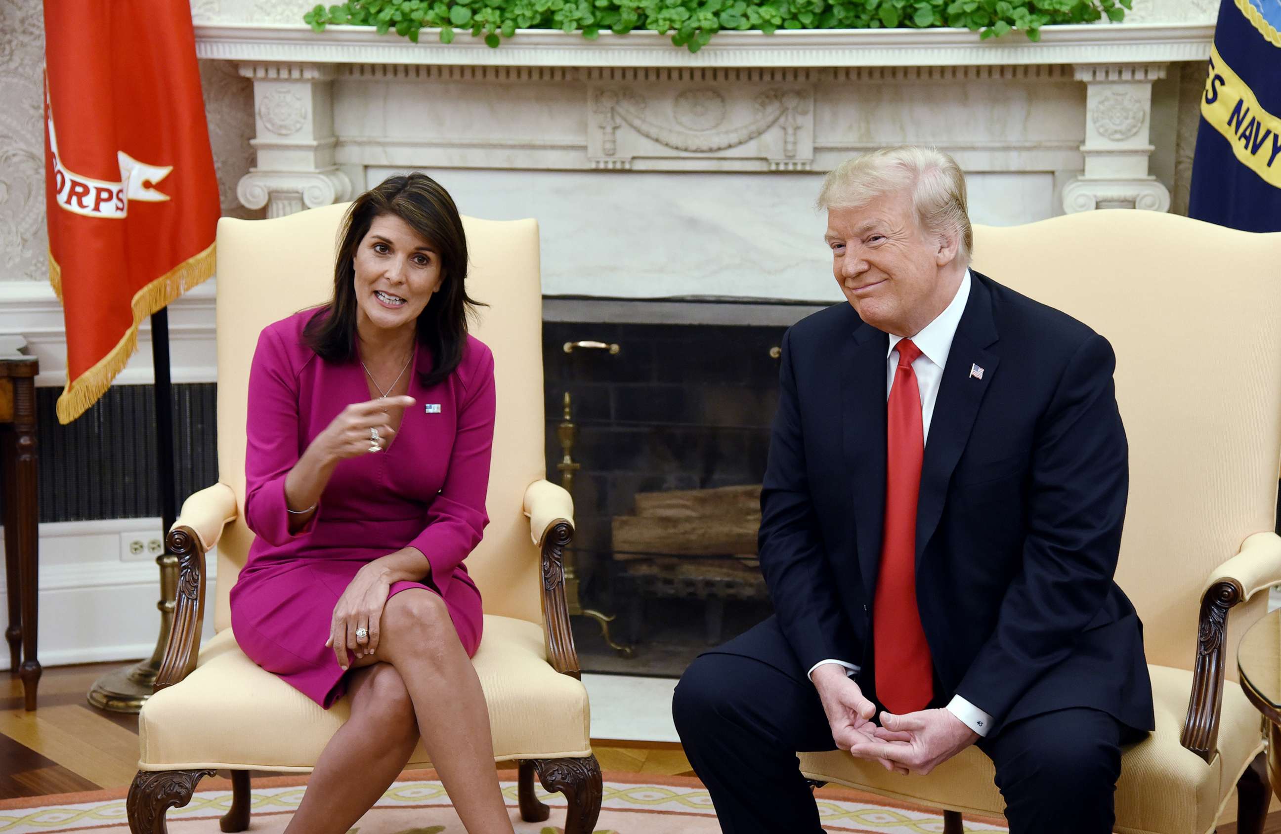 PHOTO: President Donald Trump meets with Nikki Haley, the United States Ambassador to the United Nations in the Oval office of the White House, Oct. 9, 2018.