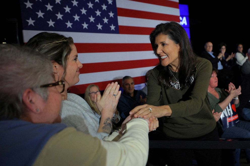 PHOTO: Republican presidential candidate and former Ambassador to the United Nations Nikki Haley arrives for a campaign event in Dover, N.H., March 27, 2023.