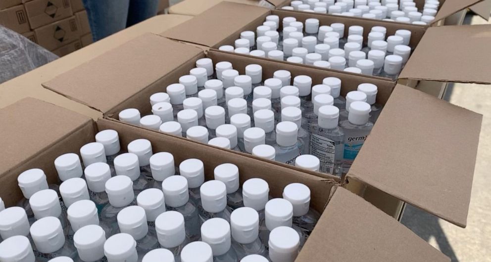 PHOTO: Boxes of hand sanitizers were available outside the BOK Center in Tulsa, Okla., as attendees entered a rally for Donald Trump's reelection campaign on June 20, 2020.