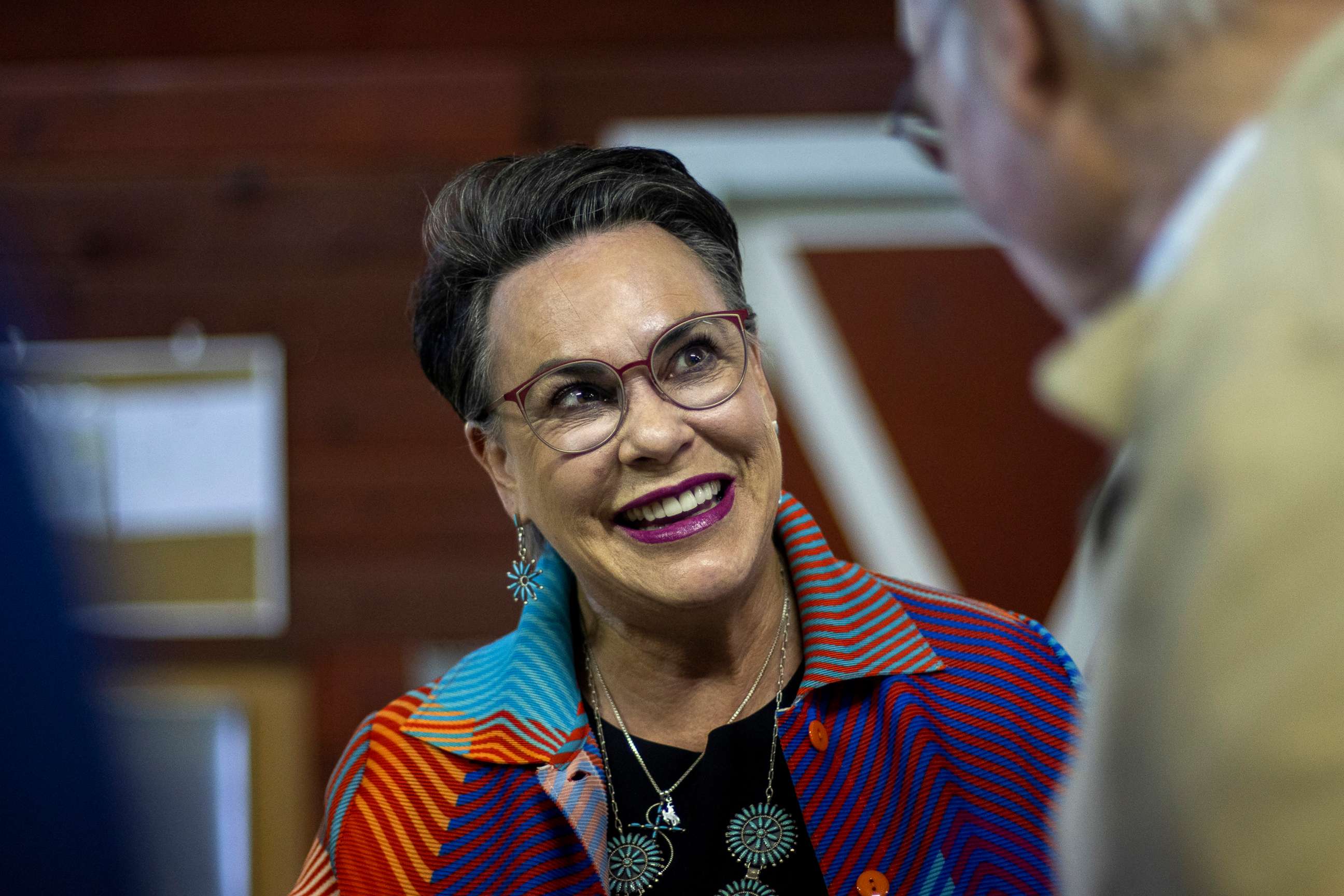 PHOTO: In this June 14, 2022, file photo, Republican congressional candidate Harriet Hageman meets attendees at a rally at the Teton County Fair & Rodeo Grounds in Jackson, Wyoming.