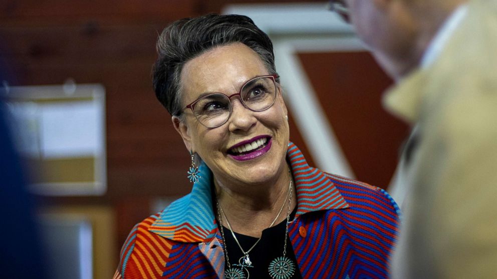 PHOTO: In this June 14, 2022, file photo, Republican congressional candidate Harriet Hageman meets attendees at a rally at the Teton County Fair & Rodeo Grounds in Jackson, Wyoming.