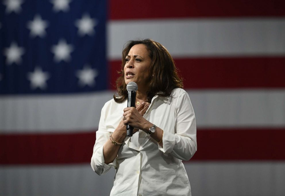 PHOTO: Democratic presidential candidate Sen. Kamala Harris speaks on stage during a forum on gun safety at the Iowa Events Center on August 10, 2019 in Des Moines, Iowa.