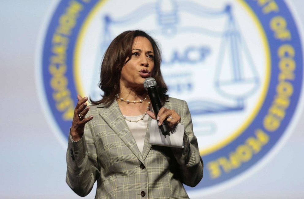 PHOTO: Democratic U.S. Presidential candidate Senator Kamala Harris addresses the audience during the Presidential candidate forum at the annual convention of the National AssociationÂ for theÂ AdvancementÂ ofÂ Colored PeopleÂ (NAACP).