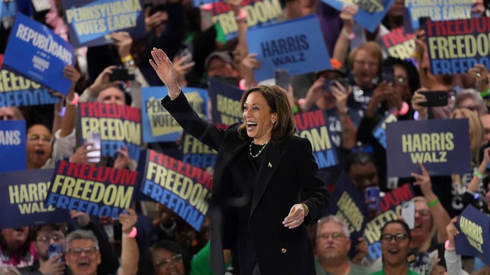 PHOTO: Democratic presidential nominee Vice President Kamala Harris arrives at a campaign event at the PA Farm Show Complex and Expo Center, Oct. 30, 2024, in Harrisburg, Pa.