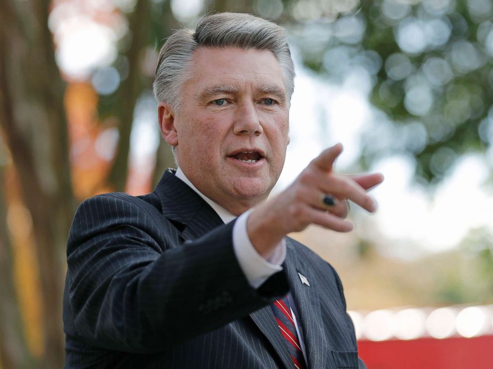   PHOTO: Mark Harris addresses the media at a press conference in Matthews, North Carolina on November 7, 2018. 