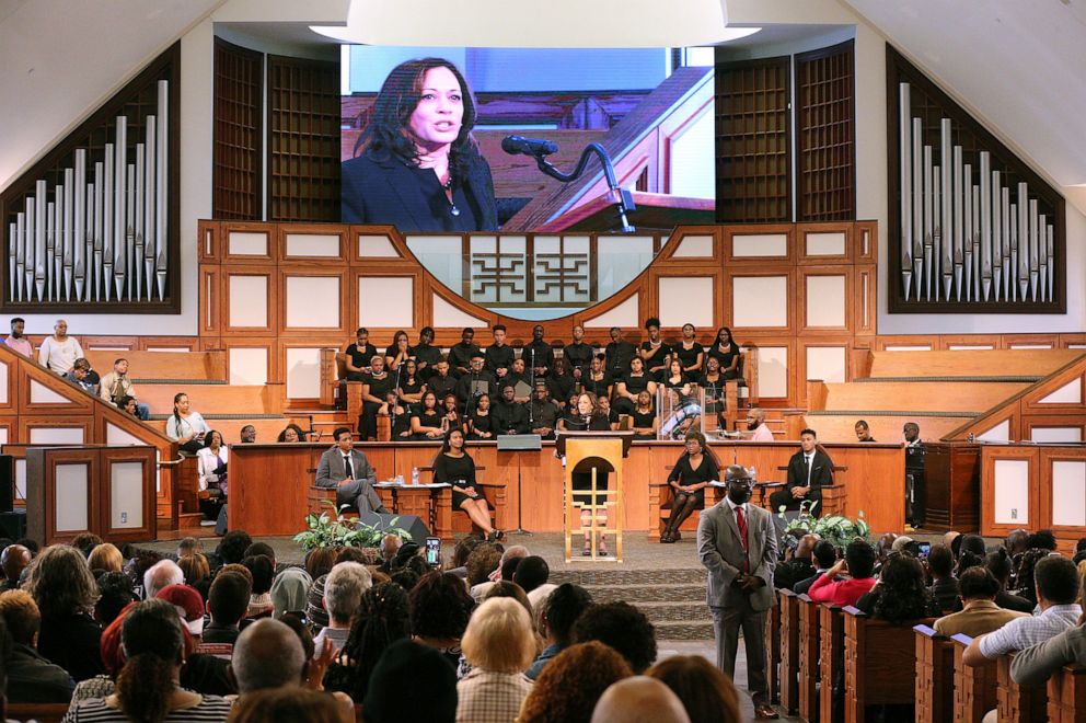 PHOTO: U.S. Sen. Kamala Harris, D-Calif., makes special remarks during the worship service at Ebenezer Baptist Church on Sunday, March 24, 2019, in Atlanta.