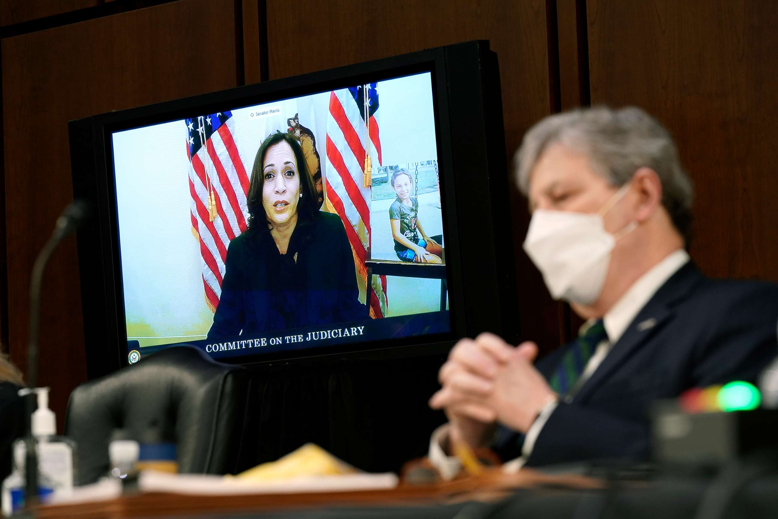 PHOTO: Sen. Kamala Harris speaks virtually during Supreme Court Justice nominee Judge Amy Coney Barrett's confirmation hearing for Supreme Court Justice, as Sen. John Kennedy listens, on Capitol Hill, Oct. 12, 2020 in Washington, D.C.