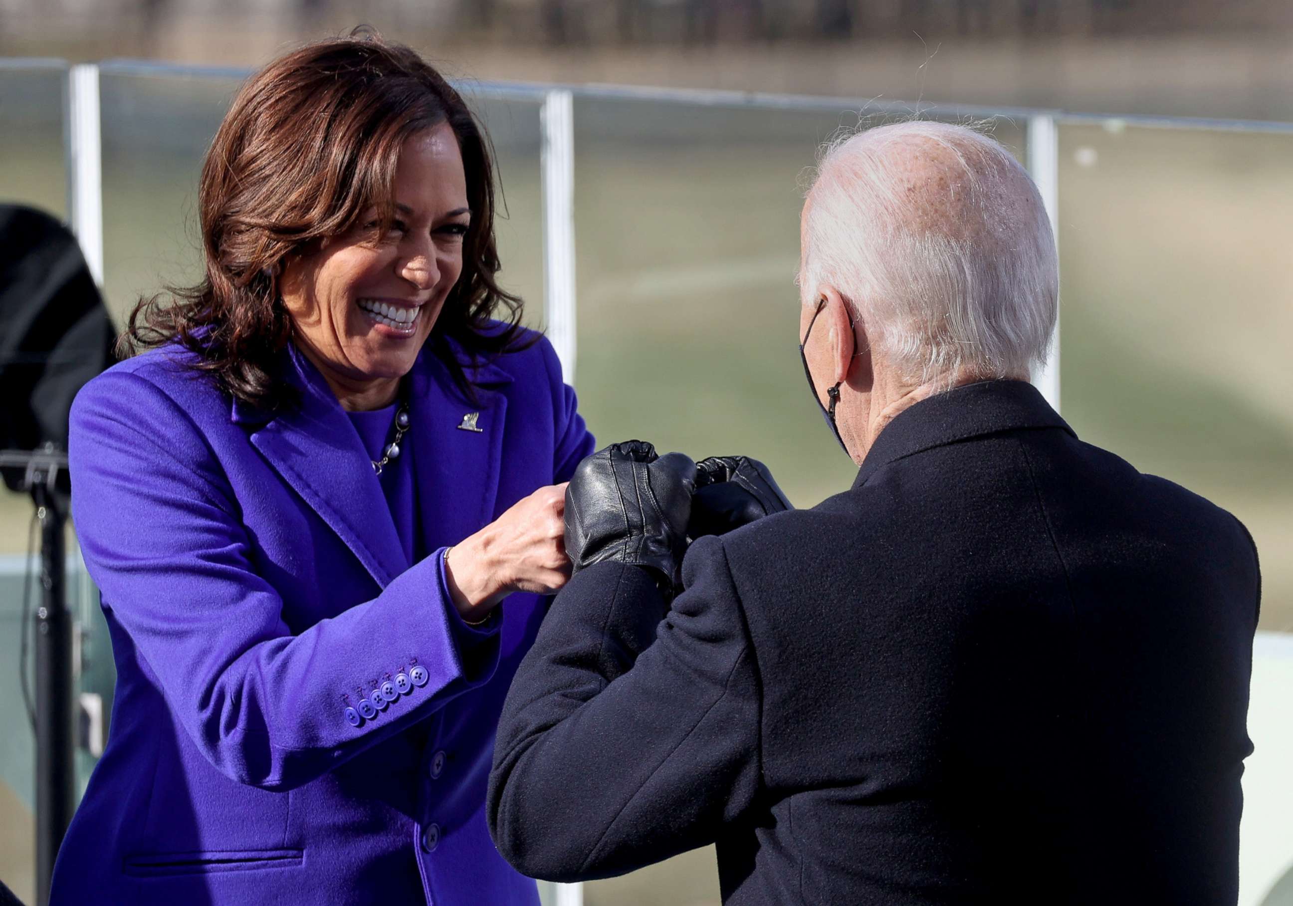 PHOTO: Kamala Harris bumps fists with Joe Biden after being sworn in as Vice President of the United States during the inauguration on the West Front of the U.S. Capitol in Washington, D.C., Jan. 20, 2021.
