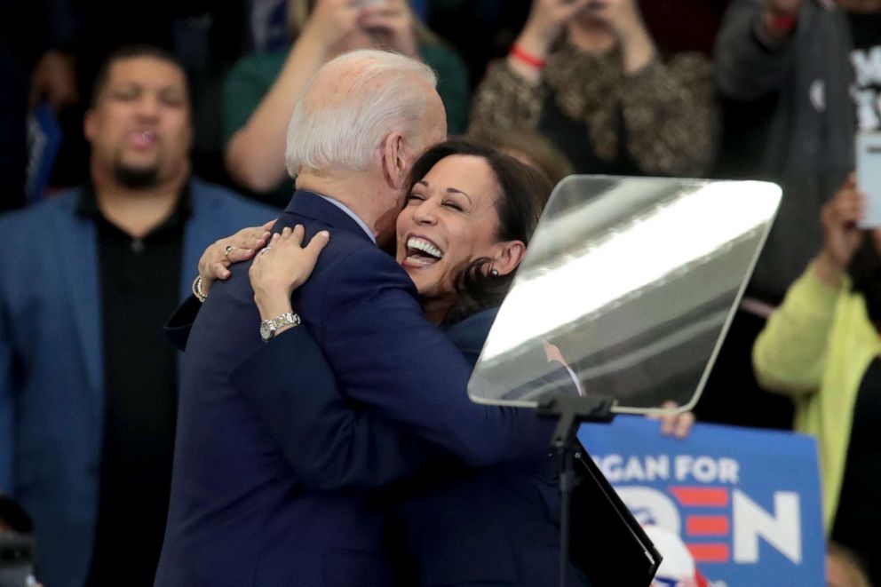 PHOTO: Sen. Kamala Harris hugs Democratic presidential candidate former Vice President Joe Biden after introducing him at a campaign rally at Renaissance High School on March 9, 2020 in Detroit.
