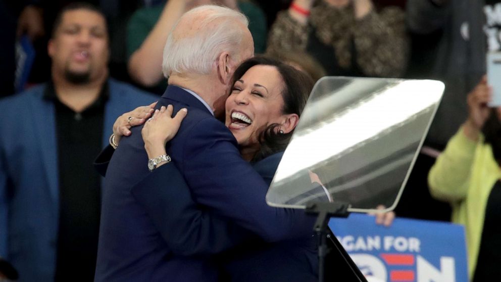 PHOTO: Sen. Kamala Harris hugs Democratic presidential candidate former Vice President Joe Biden after introducing him at a campaign rally at Renaissance High School on March 09, 2020 in Detroit.