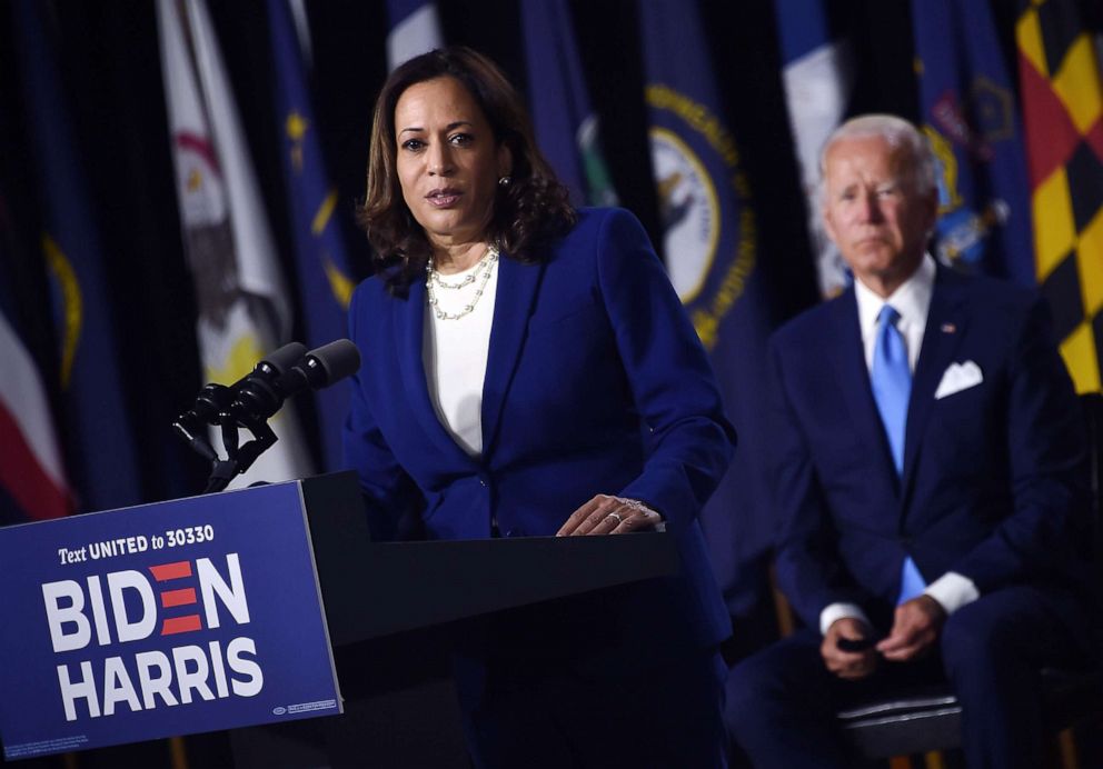 PHOTO: Democratic vice presidential candidate Sen. Kamala Harris, speaks during the first press conference with Democratic presidential candidate and former Vice President Joe Biden, Aug. 12, 2020, in Wilmington, Del.