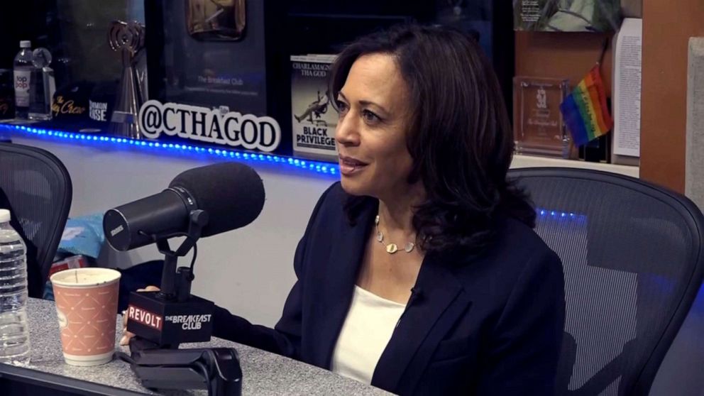 PHOTO: Democratic presidential candidate, Sen. Kamala Harris, makes an appearance on "The Breakfast Club" radio show in New York, July 12, 2019.