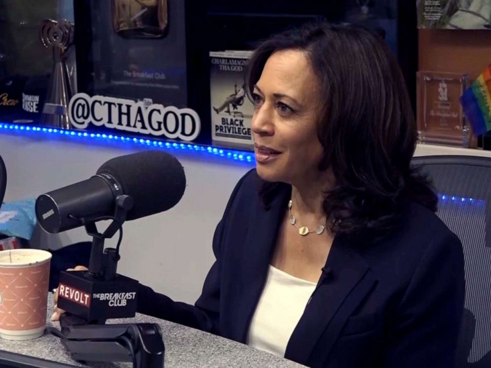 PHOTO: Democratic presidential candidate, Sen. Kamala Harris, makes an appearance on The Breakfast Club radio show in New York, July 12, 2019.