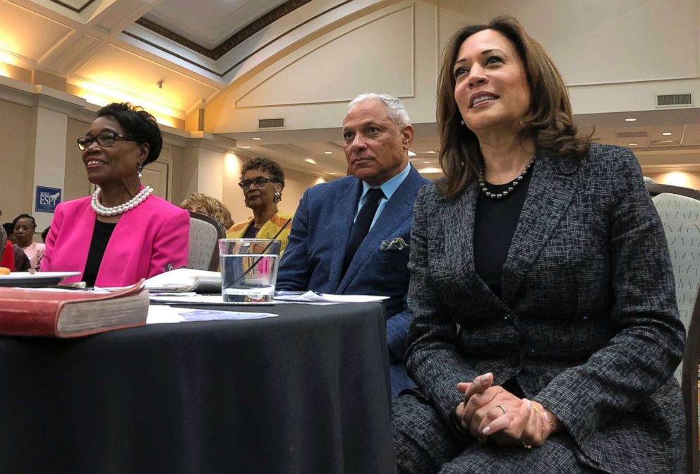 PHOTO: Sen. Kamala Harris, a California Democrat and possible 2020 presidential candidate, listens along with Mississippi Democratic Senate candidate Mike Espy during an event, Nov. 17, 2018 in Jackson, Miss.  