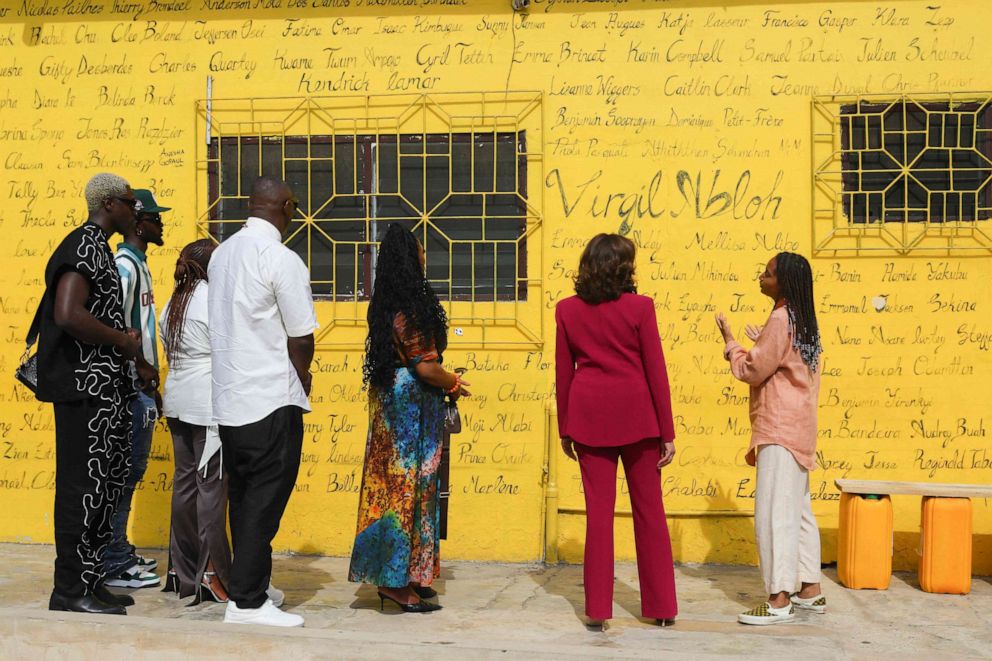 PHOTO: Vibrate Space founder Sandy Alibo welcomes US Vice President Kamala Harris at Vibrate Space, a community recording studio for young creatives, at the Freedom Skatepark in Accra, Ghana, on March 27, 2023.