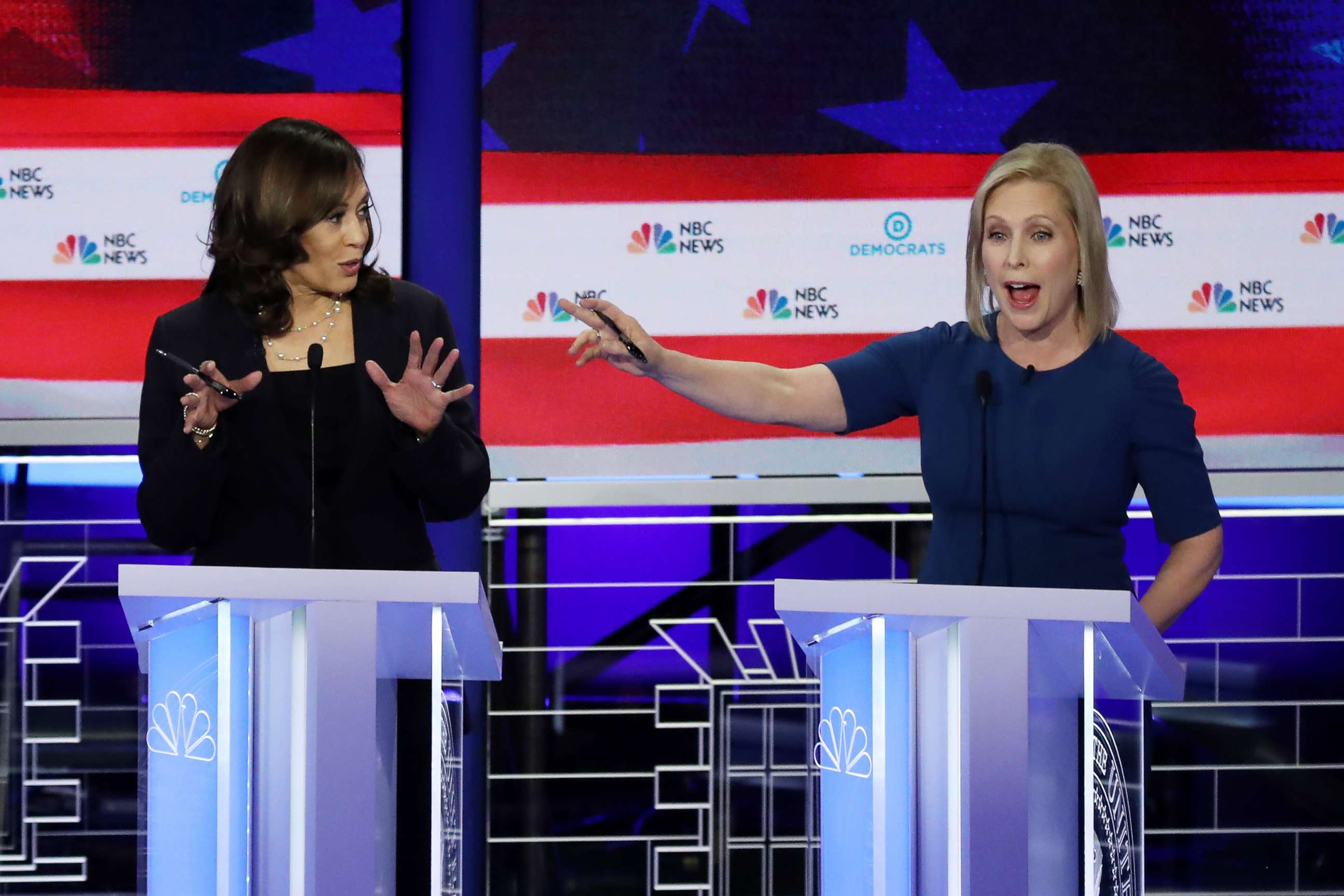 PHOTO: Kamala Harris and Kristen Gillibrand participate in the second night of the first 2020 democratic presidential debate at the Adrienne Arsht Center for the Performing Arts in Miami, June 27, 2019.