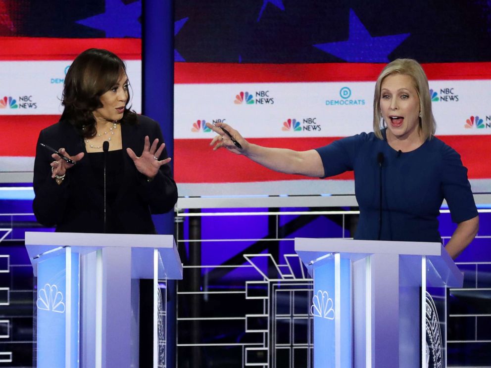PHOTO: Kamala Harris and Kristen Gillibrand participate in the second night of the first 2020 democratic presidential debate at the Adrienne Arsht Center for the Performing Arts in Miami, June 27, 2019.