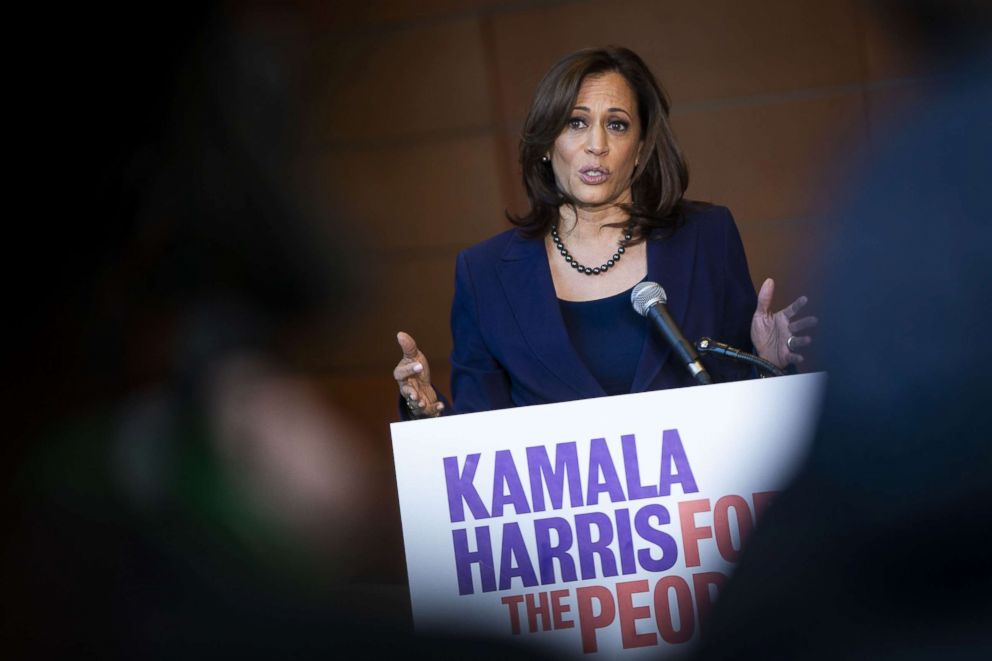 PHOTO: Sen. Kamala Harris (D-CA) speaks to reporters after announcing her candidacy for President of the United States, at Howard University, her alma matter, Jan. 21, 2019 in Washington, D.C.