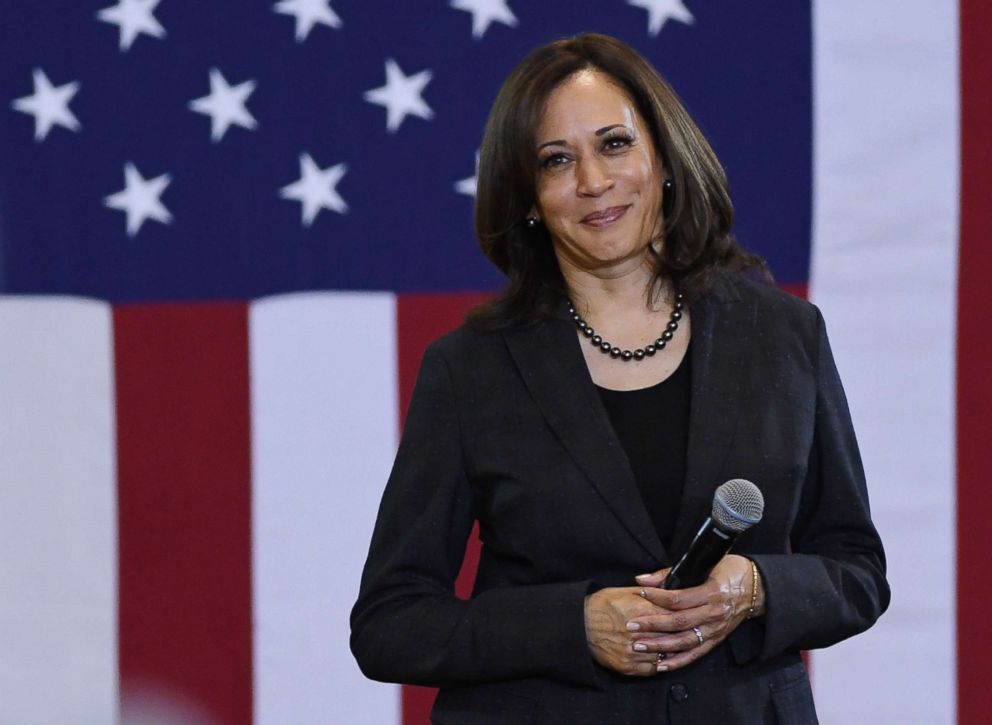 PHOTO: Sen. Kamala Harris (D-CA) takes a question during a town hall meeting at Canyon Springs High School, March 1, 2019, in Las Vegas.