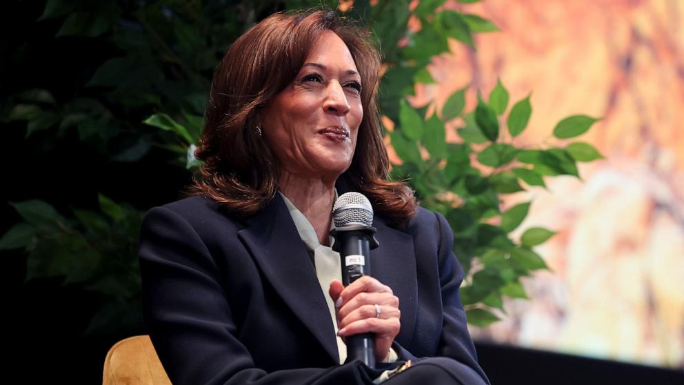 PHOTO: Kamala Harris speaks during a fireside chat at MEET Las Vegas on May 07, 2026 in Las Vegas, Nevada.