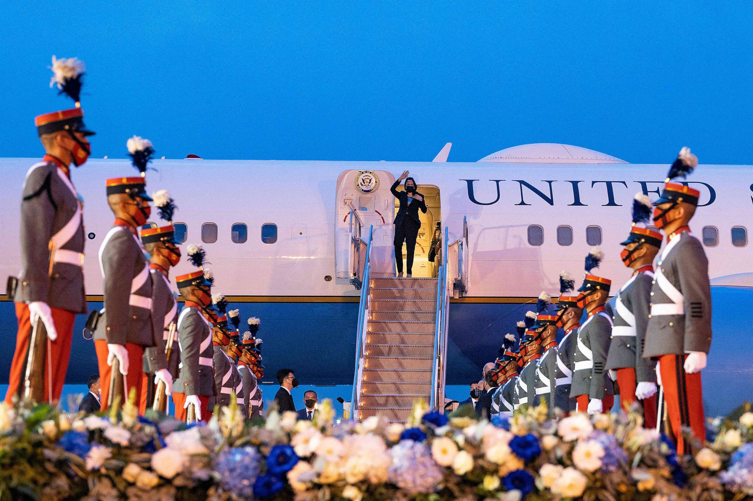 PHOTO: Vice President Kamala Harris waves upon arrival at the Aeropuerto Internacional La Aurora in Guatemala City, June 6, 2021.