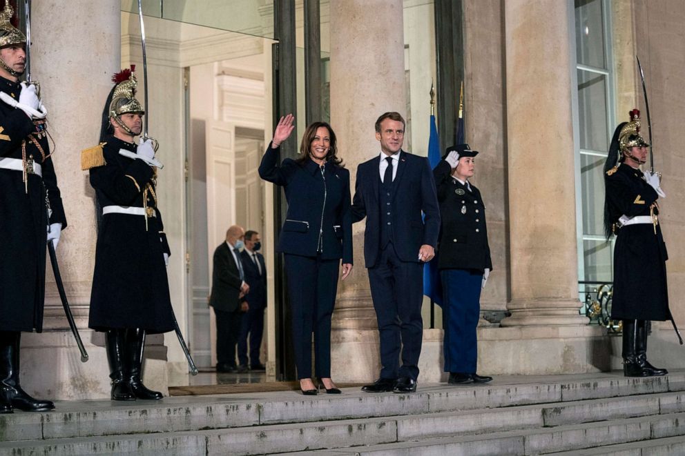 PHOTO: Vice President Kamala Harris waves to photographers before entering a bilateral meeting with French President Emmanuel Macron at the Elysee Palace in Paris, Nov. 10, 2021.