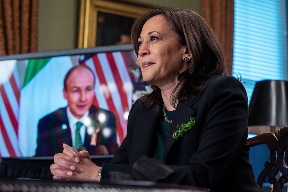 PHOTO: Vice President Kamala Harris hosts Prime Minister of Ireland Micheal Martin, during a virtual bilateral meeting in the Vice President's Ceremonial Office in Washington, D.C., March 17, 2021.