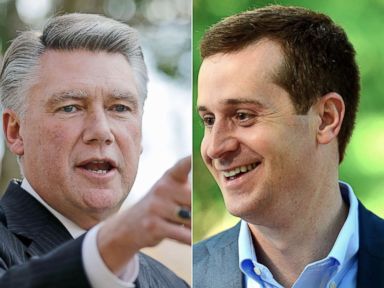 PHOTO: Mark Harris speaks during a news conference in Matthews, N.C., Nov. 7, 2018.|Dan McCready smiles outside Eastover elementary school in Charlotte, N.C., May 8, 2018.