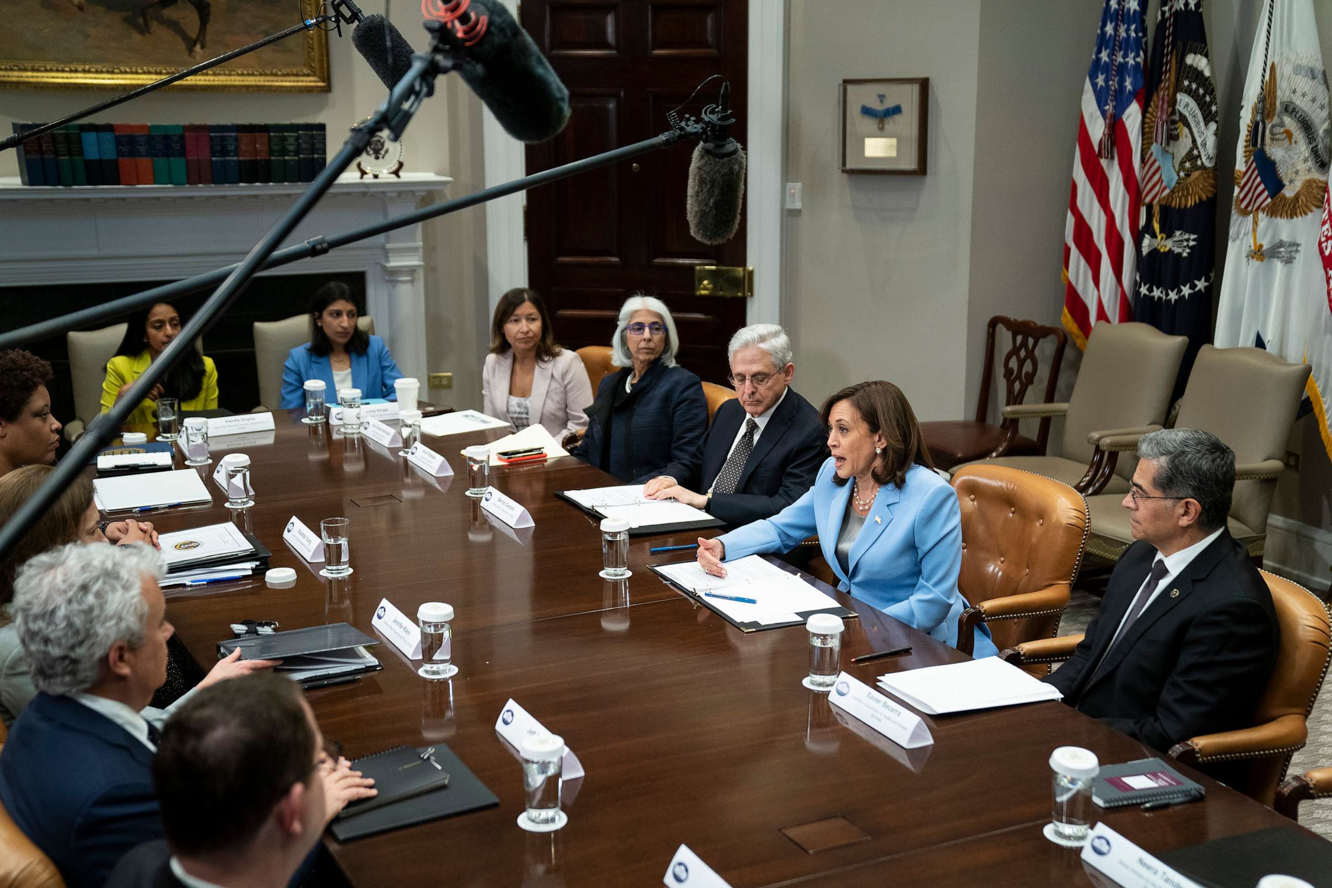 PHOTO: Vice President Kamala Harris speaks during a meeting with a task force on reproductive health care access, in the Roosevelt Room of the White House, April 12, 2023, in Washington.