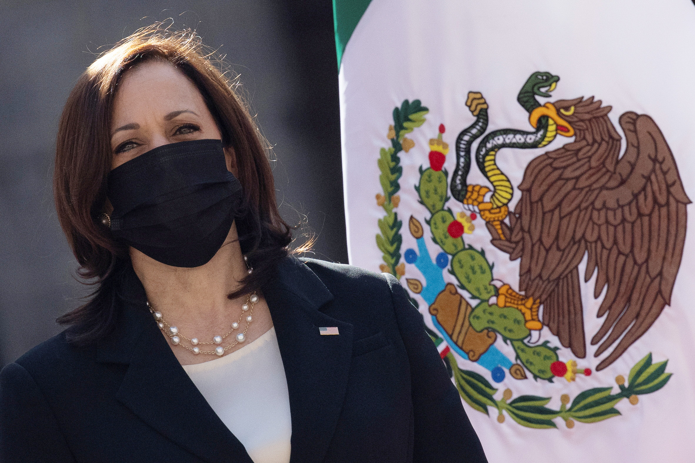 Vice President Kamala Harris looks on as she and Mexico's President Andres Manuel Lopez Obrador attend a signing ceremony establishing a strategic partnership to cooperate on development programs in the Northern Triangle in Mexico City, Mexico.