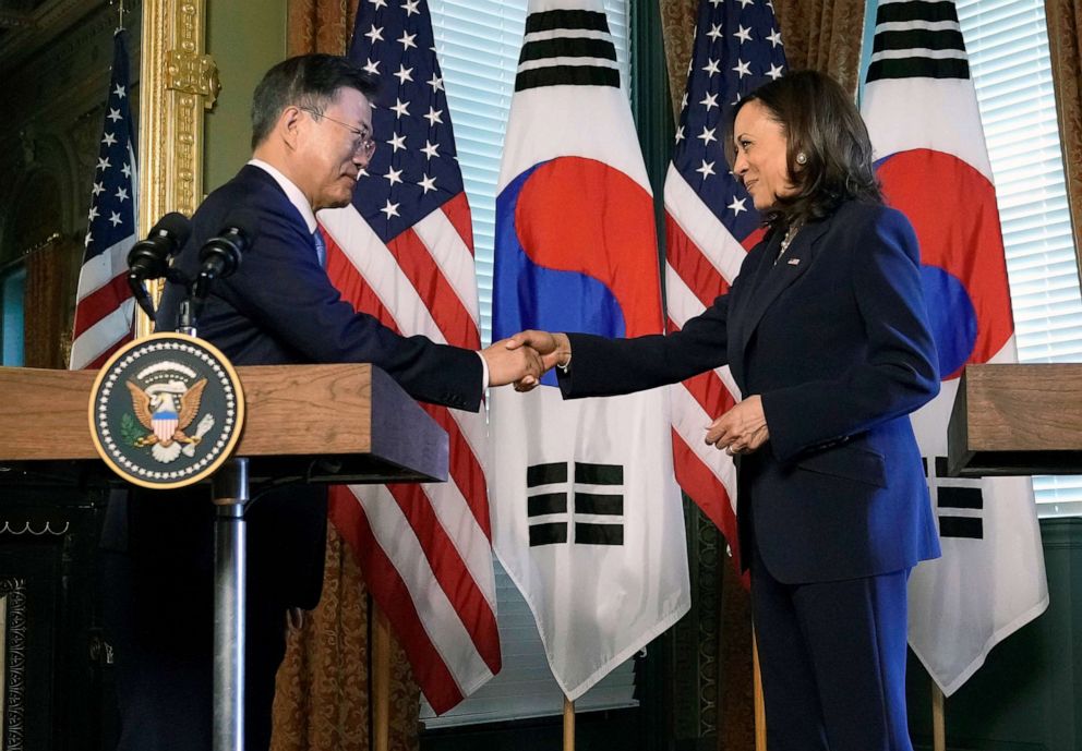 PHOTO: Vice President Kamala Harris greets South Korean President Moon Jae-in before addressing the media at the Eisenhower Executive Office Building on May 21, 2021, in Washington, D.C.