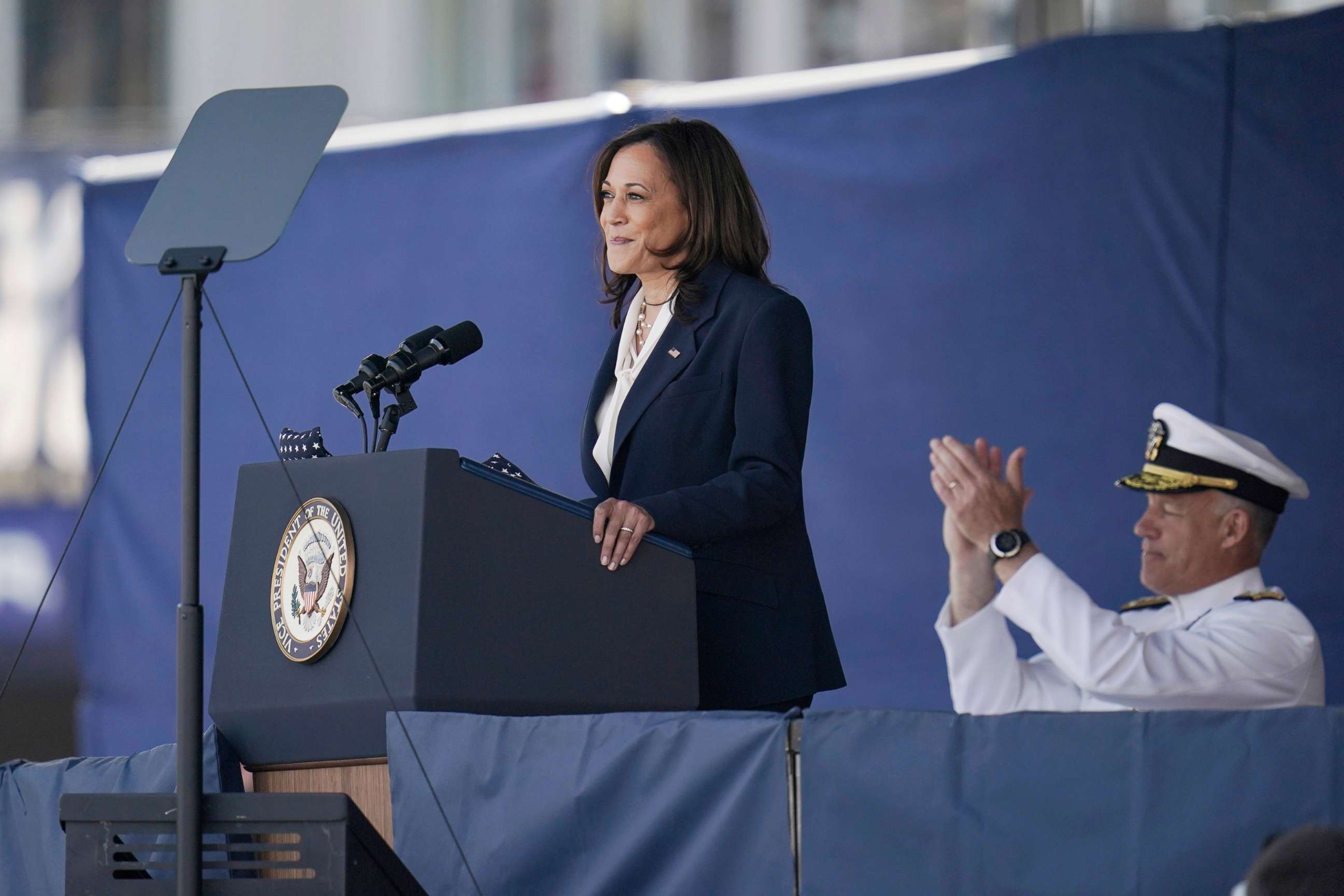 PHOTO: Vice President Kamala Harris speaks at the graduation and commission ceremony at the U.S. Naval Academy in Annapolis, Md., May 28, 2021.