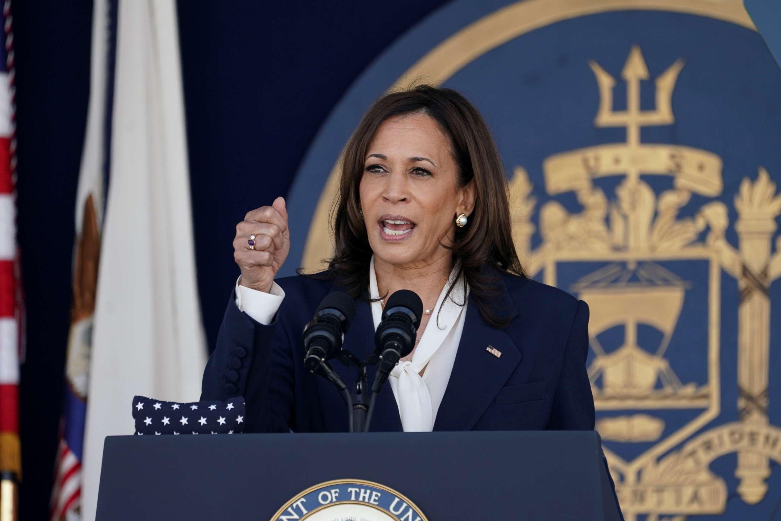 PHOTO: Vice President Kamala Harris gestures as she delivers remarks at the graduation and commissioning ceremony for the U.S. Naval Academy's Class of 2021 at the U.S. Naval Academy in Annapolis, Md., May 28, 2021.